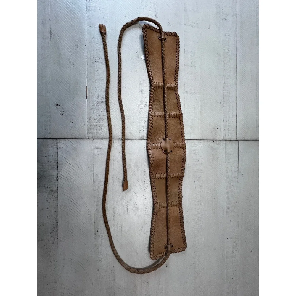 Free People Selena Tan Leather Whipstitch Corset Waist Belt Braided Tie Small